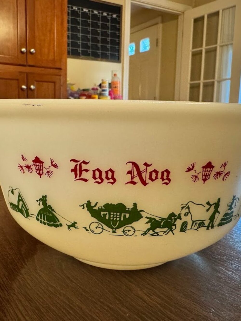 Vintage Hazel Atlas Milk Glass Egg Nog Punch Serving Bowl Red Green Victorian